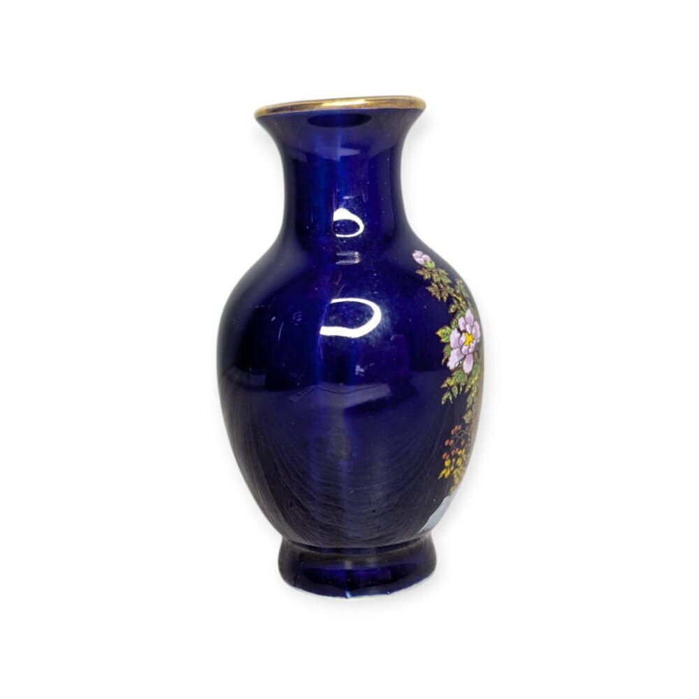 Vintage Blue Floral & Bird Glazed Porcelain Made in Japan Small Bud Vase - Picture 2 of 8